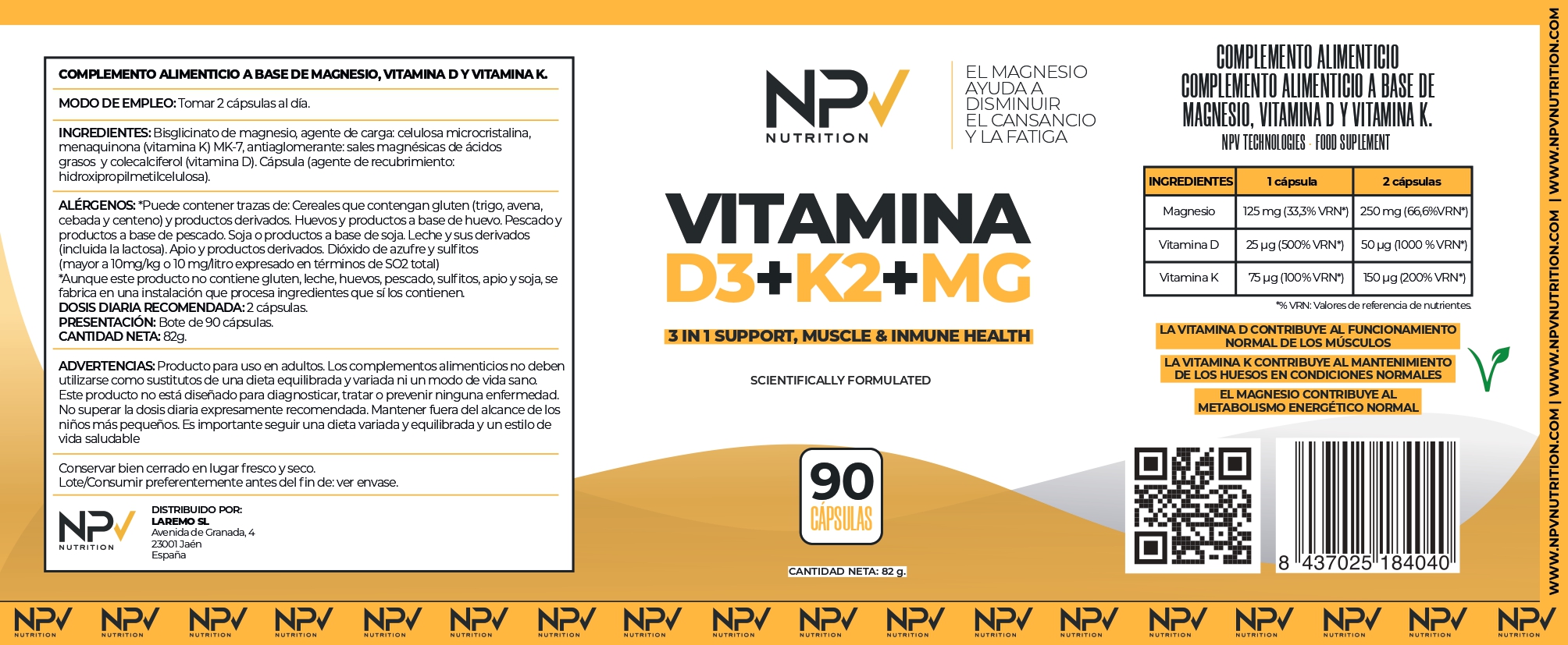 Vitamina D3 + K2 + Magnesio 90 Vegan caps NPV Nutrition - Imagen 3